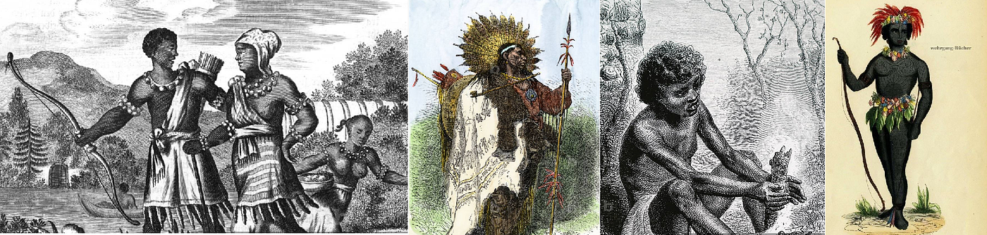 LEFT: “Native Americans as described by travellers (engraving).” Engraving by Theodor de Bry (Flemish, 1528–1598). Public domain. LEFT MIDDLE: “History of Indigenous Peoples: Wampanoag Warrior in Costume, Massachusetts. 19th century engraving. Public domain. RIGHT MIDDLE: Engraving of a North American Indian using a fire drill. Public domain. RIGHT: “Eingeborner Der Massacre-Insel United-States, Dauphin Island. Alabama, 1843.” Born on Massacre Island United-States, Dauphin Island. Alabama, 1843.