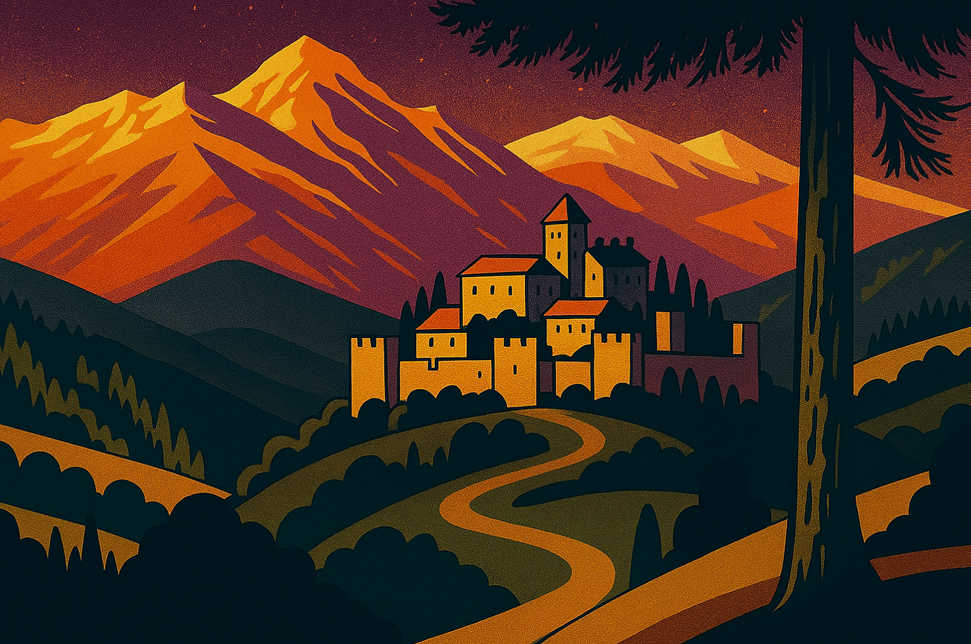 A walled fortress atop a hill with clearly defined gates and roads, symbolizing strong service boundaries, controlled integration points, and isolation at the heart of a modular frontend runtime.