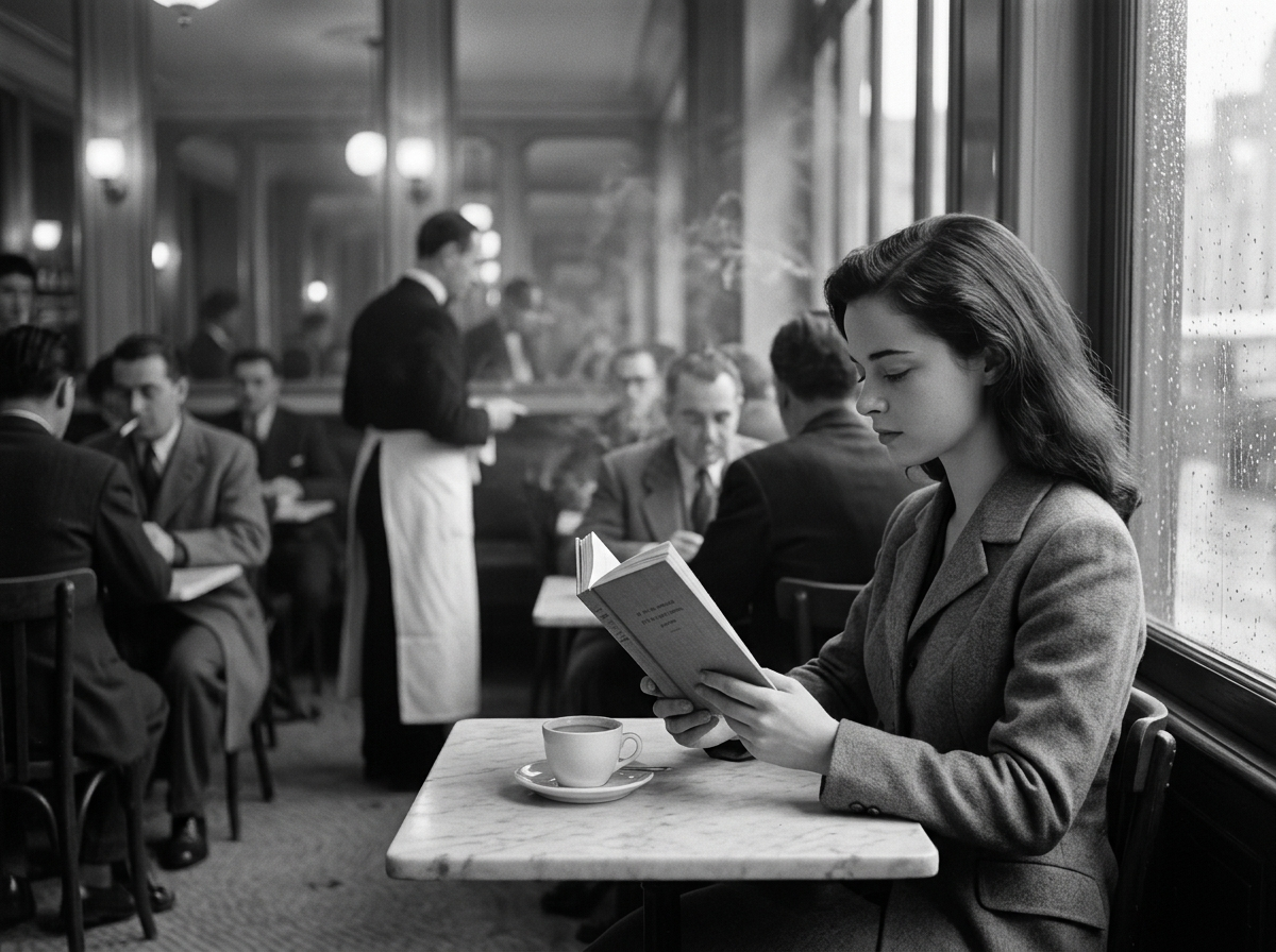 Monique reading Poésies complètes in the cafe (AI; author’s creation)
