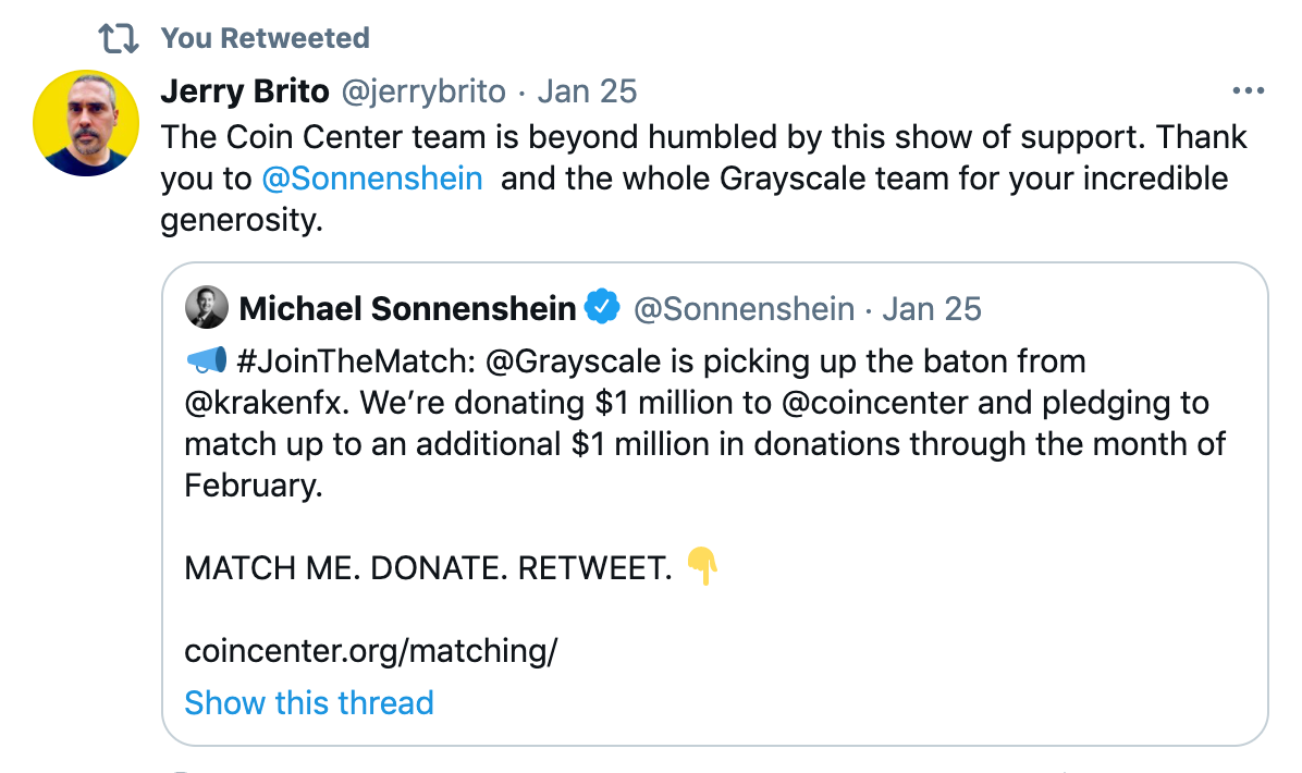 Coin Center receives Grayscale Donation of $1 Million and Pledges to Match  Yours | by Savannah | Tantra Labs | Medium