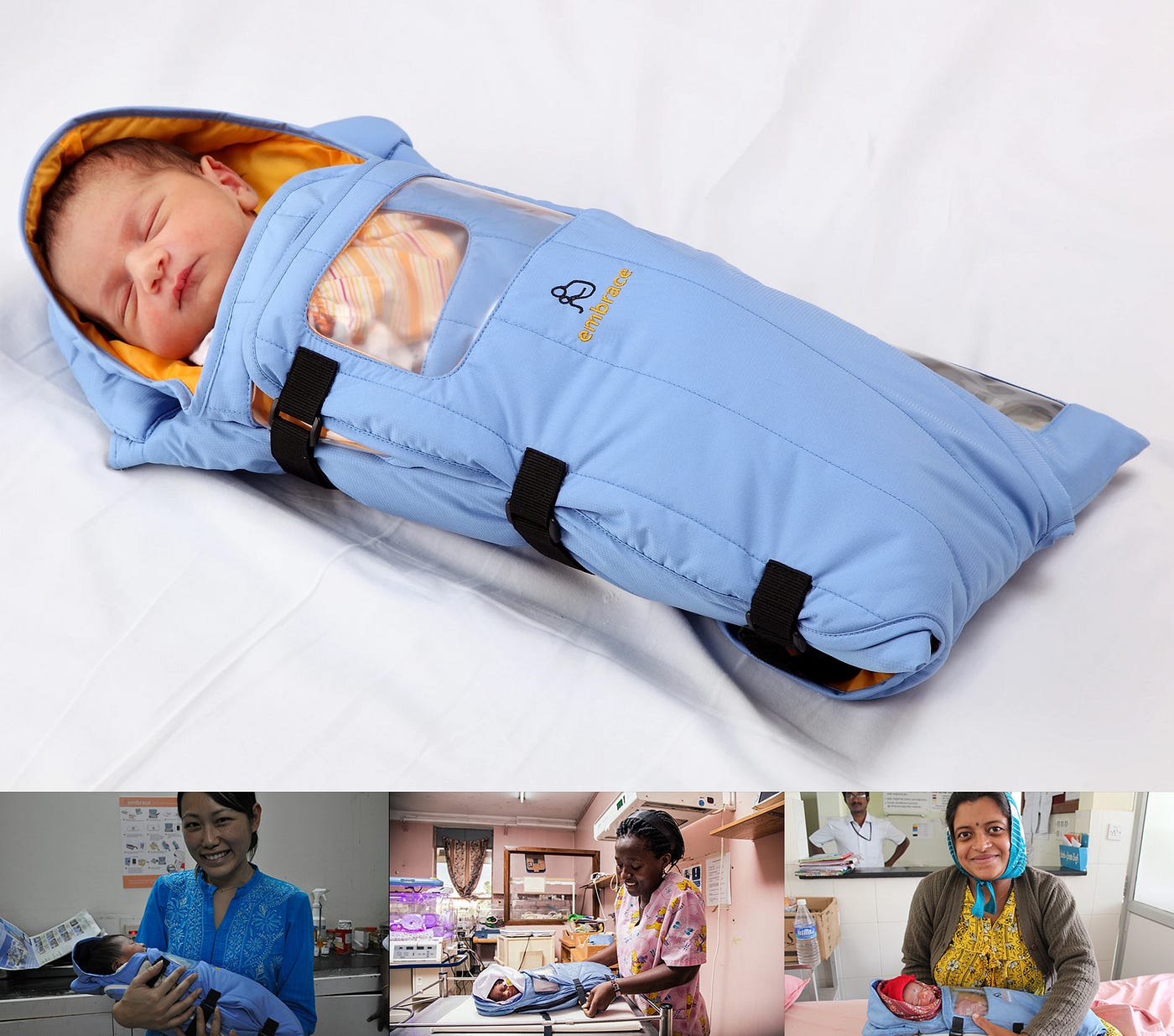 A photo collage showing a baby in one of their Embrace Infant Warmers, a blue portable device designed to regulate body temperature, along with several “action” shots of babies in the warming device with mothers and healthcare workers — images from Embrace Global