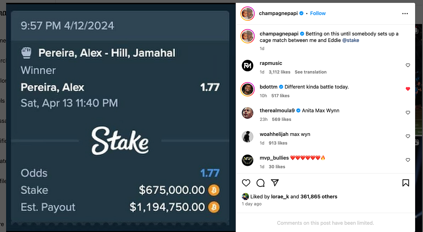 Drake Puts $675,000 on Pereira vs Hill Using Bitcoin as the Culture Battles  Continue… | by Lorae K WTF WEB3 | The Capital | Medium