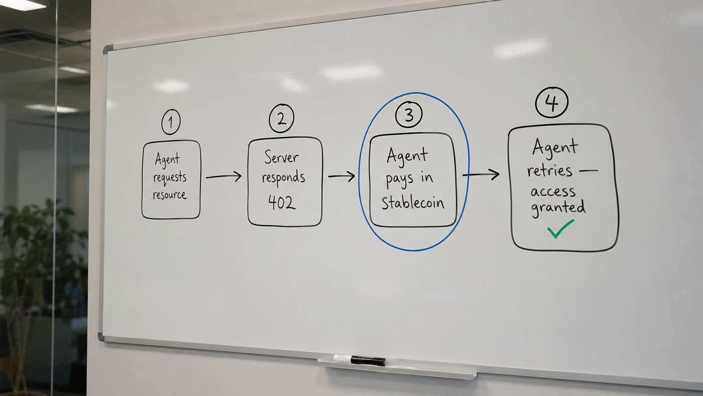 The full x402 exchange — agent hits paywall, server returns payment spec, agent pays in stablecoin, retries, gets access — in the time it takes to make a standard HTTP request