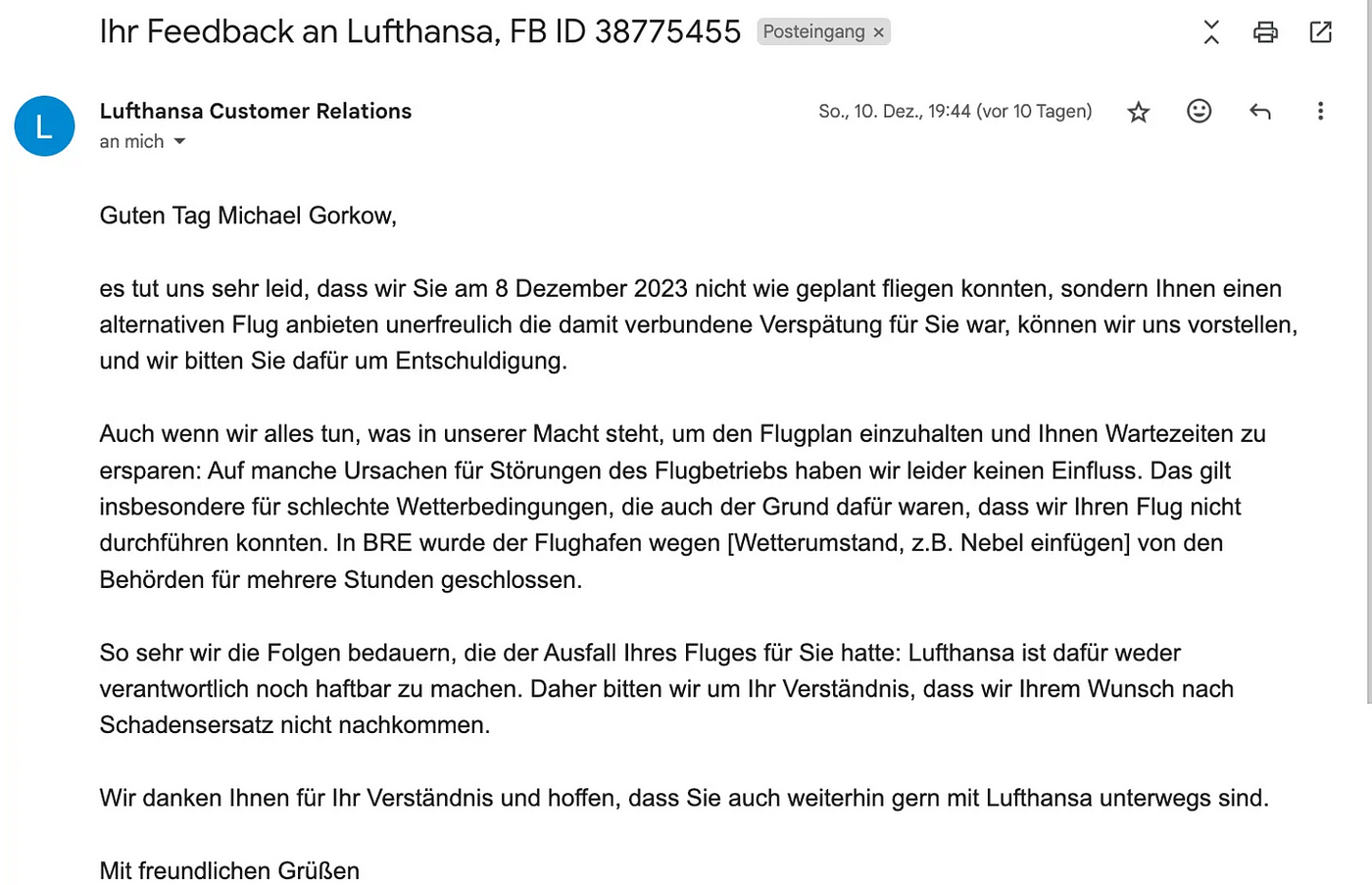 Lufthansa's embarrassing attempt to automate its customer service, how it  is worse than ChatGPT and my fight to be compensated according to EU  regulations, by Michael Gorkow, Dec, 2023