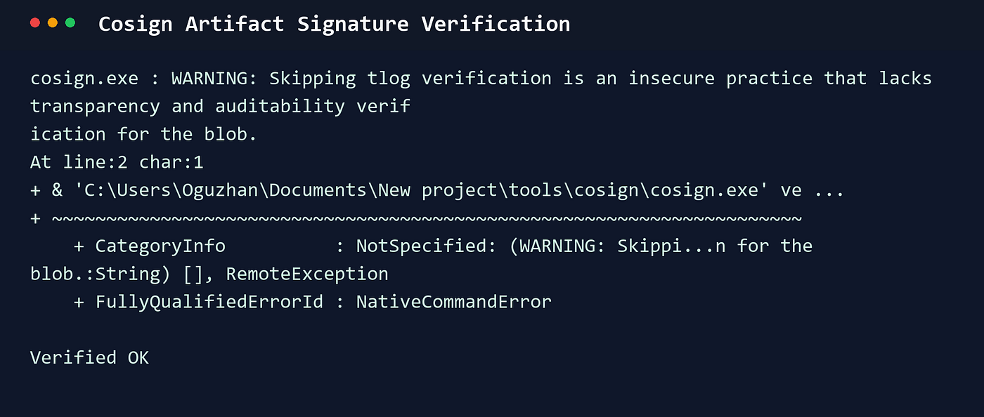 Cosign signing and verification output.