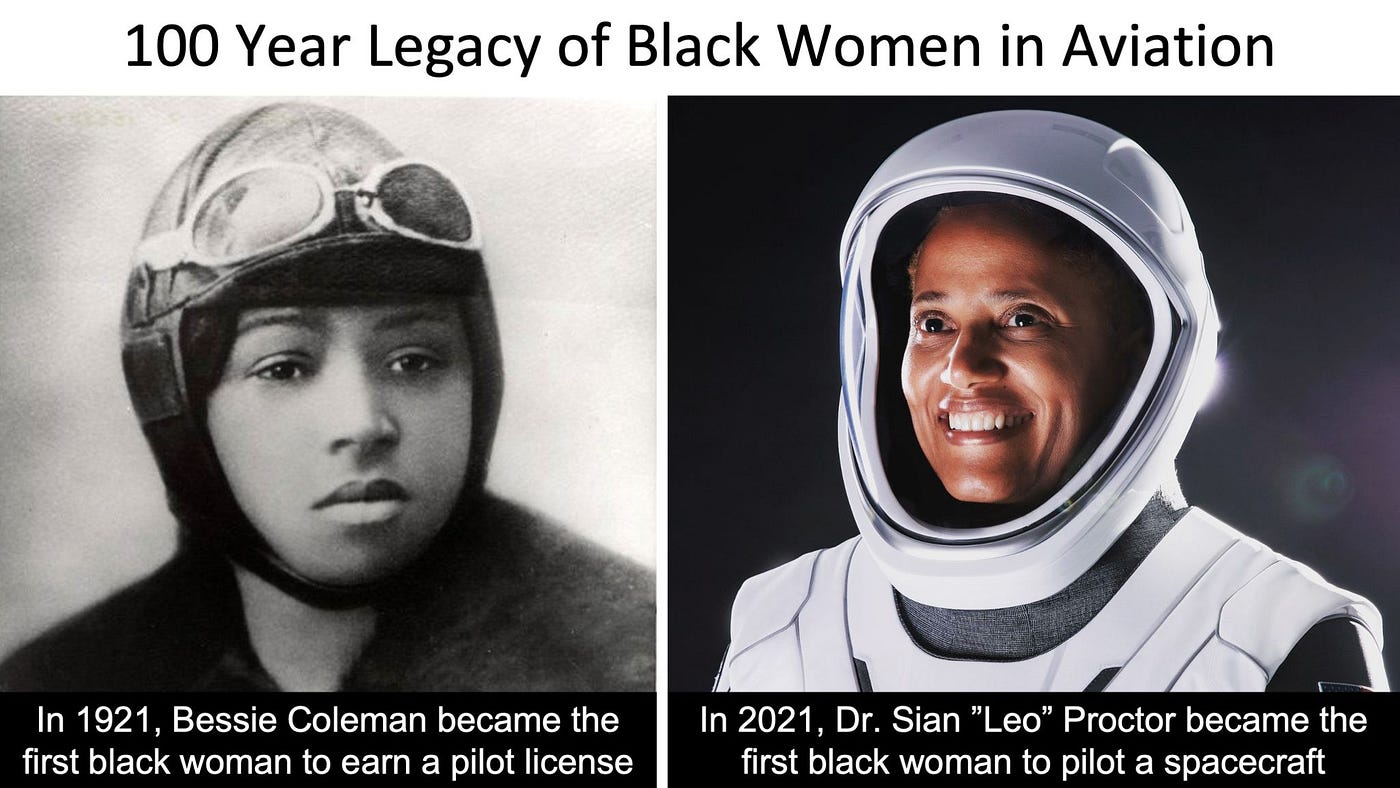 September 1921, Bessie Coleman became the first Black woman to earn her pilot’s license, in France owing to segregation in the US. 100 years later, Sept. 2021, Dr. Sian Proctor became the first Black woman mission pilot.