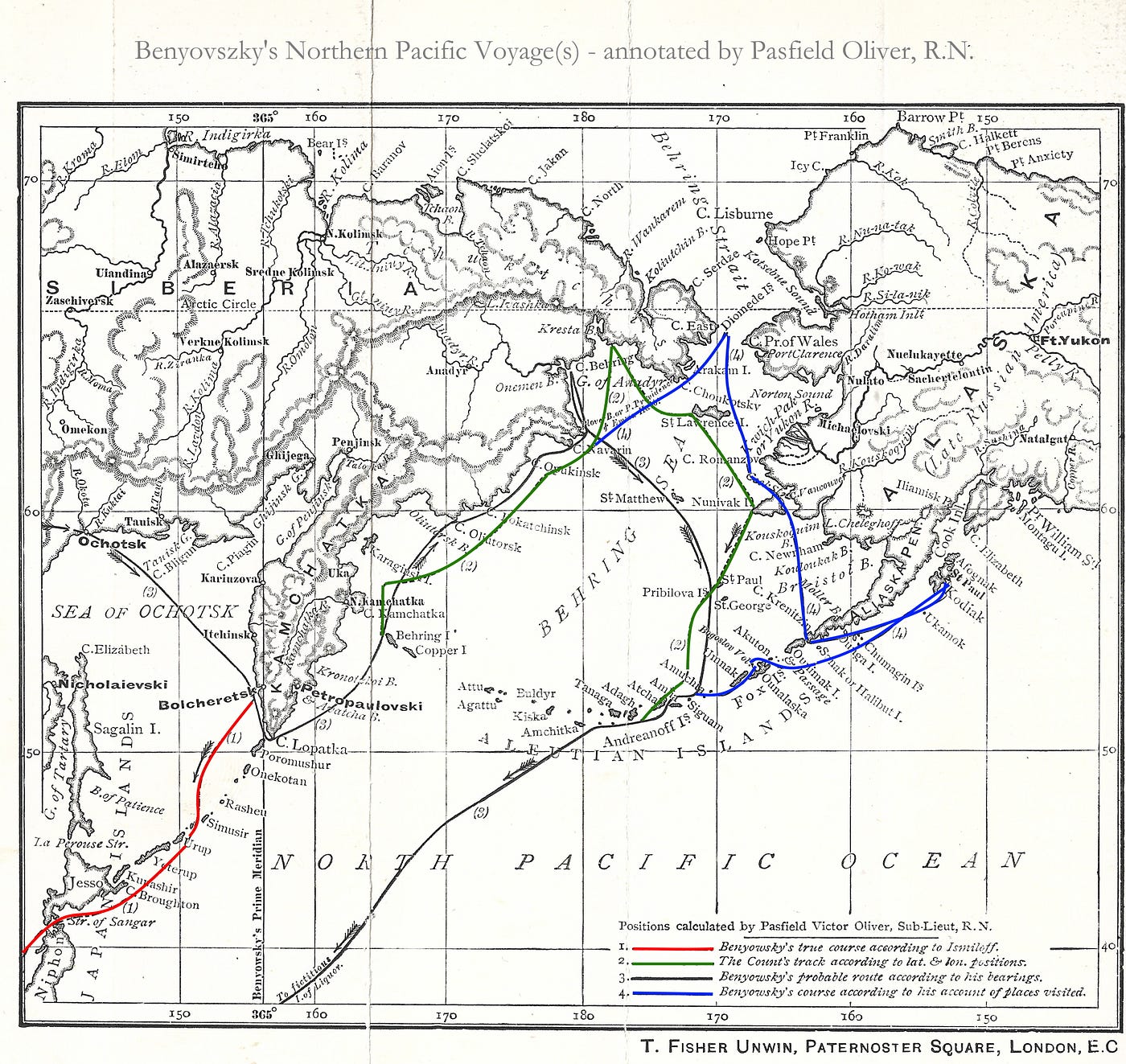 Captain Oliver’s 1893 map of Beniowski’s journey in the North Pacific. Public domain