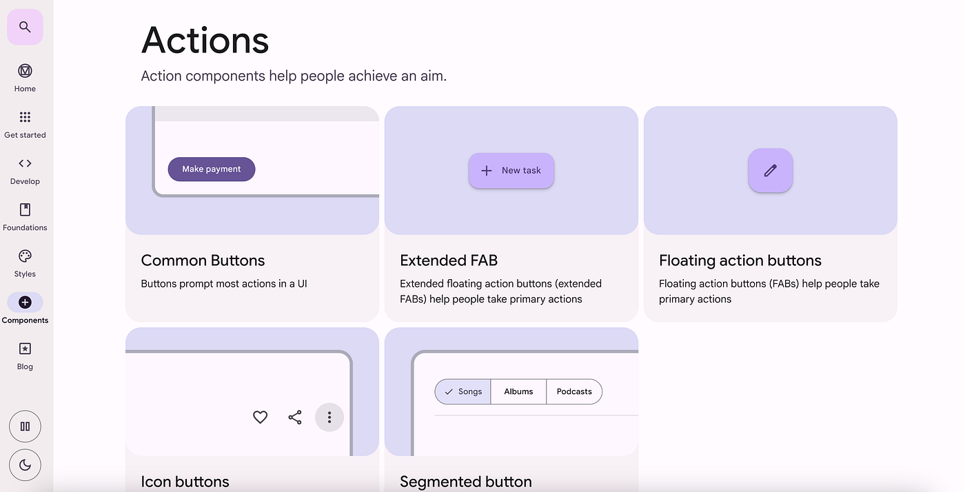 Google 的 Material Design 系统展示了按钮和分段按钮等组件