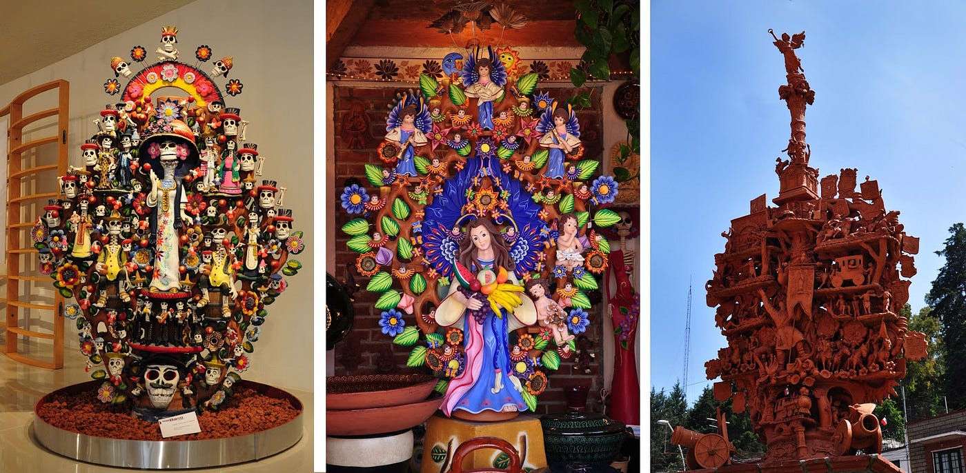 Ejemplos de Árbol de la Vida, hechos en Metepec, Estado de México. Fuente: Turismo Mexiquense