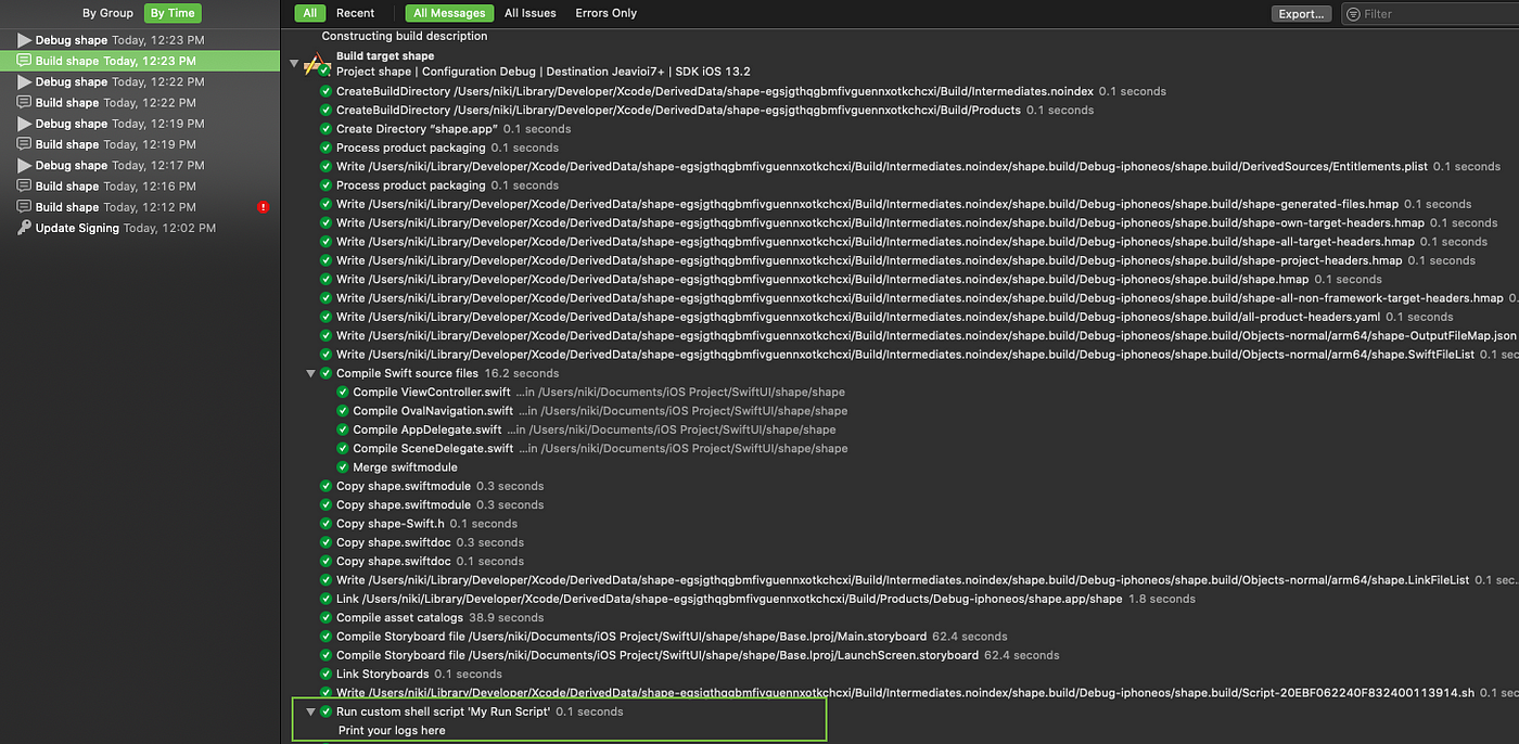 Add custom run script and print logs of build in XCode | by Niki Trivedi |  Medium