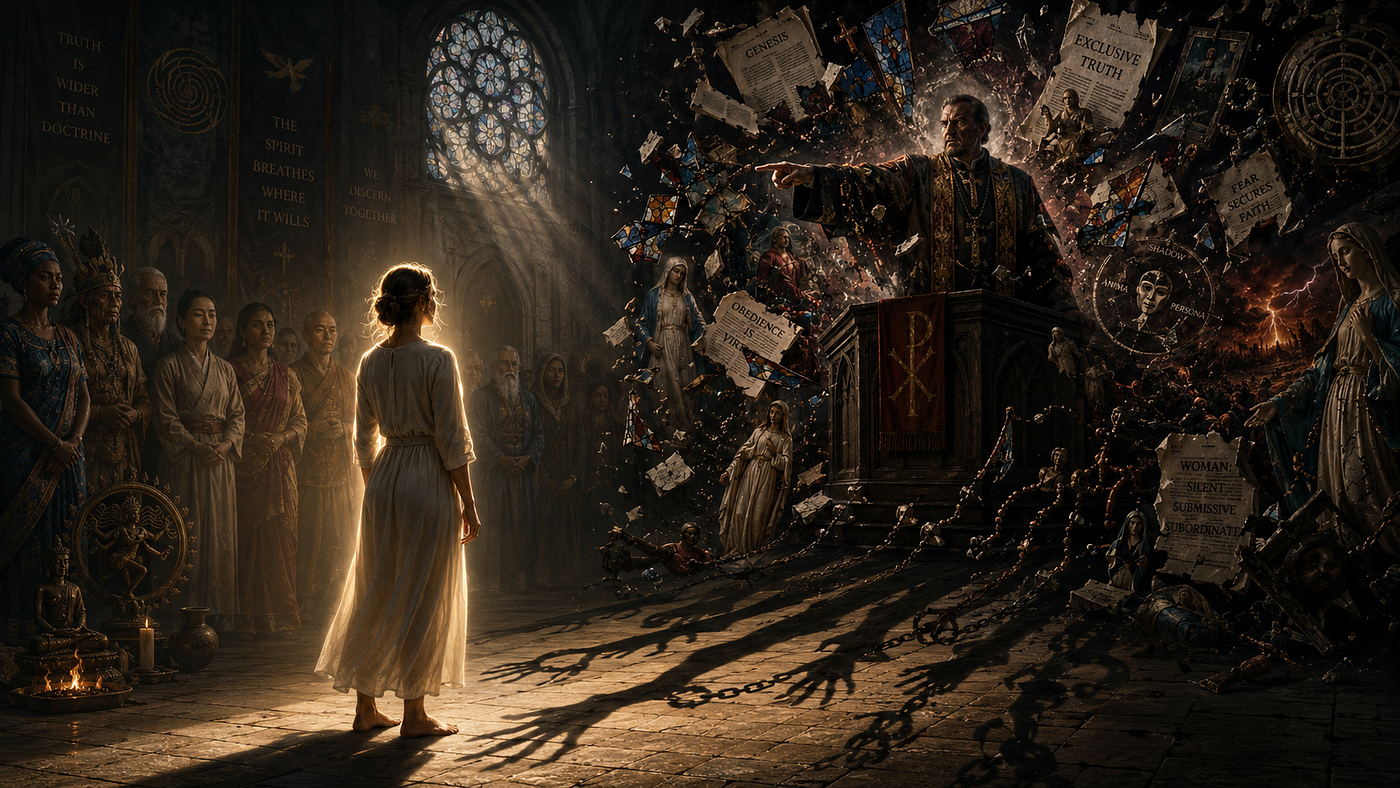 A self-proclaimed prophet stands on a raised altar of borrowed symbols, casting accusatory shadows toward the woman who refuses him — yet her solitary light, grounded in autonomous conscience and communal memory, reveals his charisma as control and his “revelation” as captivity by interpretation.