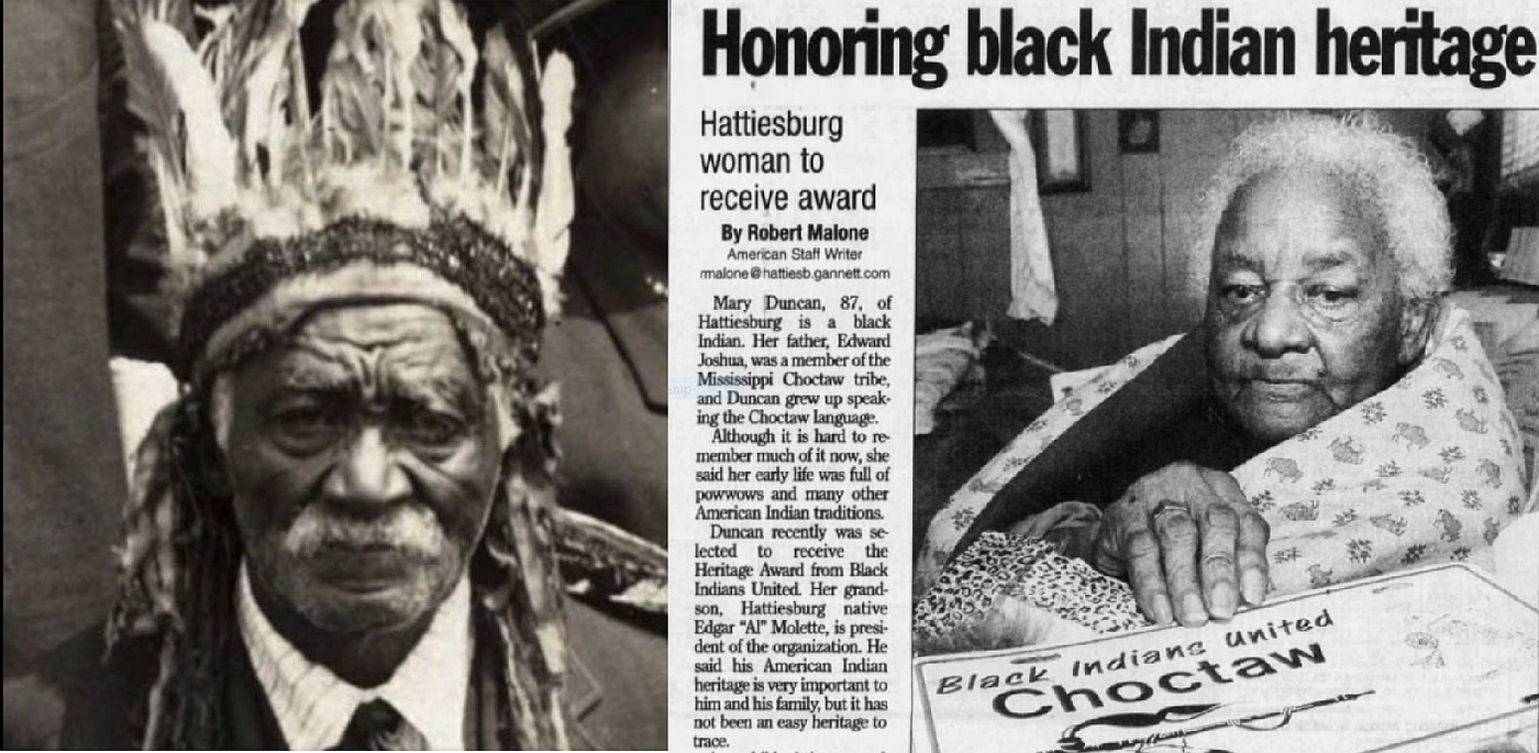 LEFT: Chief James Lemuel Cisco was born in Grafton, Massachusetts in 1846 as the son of Samuel Cisco and Sarah Maria Arnold. He was Chief of the Nipmuc tribe and lived to 1931. RIGHT: “Mary Duncan, Choctaw.” Image from Malone, Robert. “ Honoring Black Indian Heritage: Hattiesburg Woman to Receive Award.” Hattiesburg American, December 7, 2004. https://www.newspapers.com/article/hattiesburg-american-black-indian-herita/16303281/ Accessed 03/31/2026