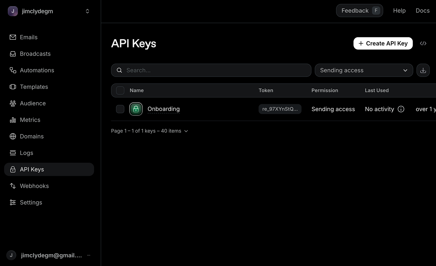 Creating API keys for BloggFast in Resend. Image by Jim Clyde Monge