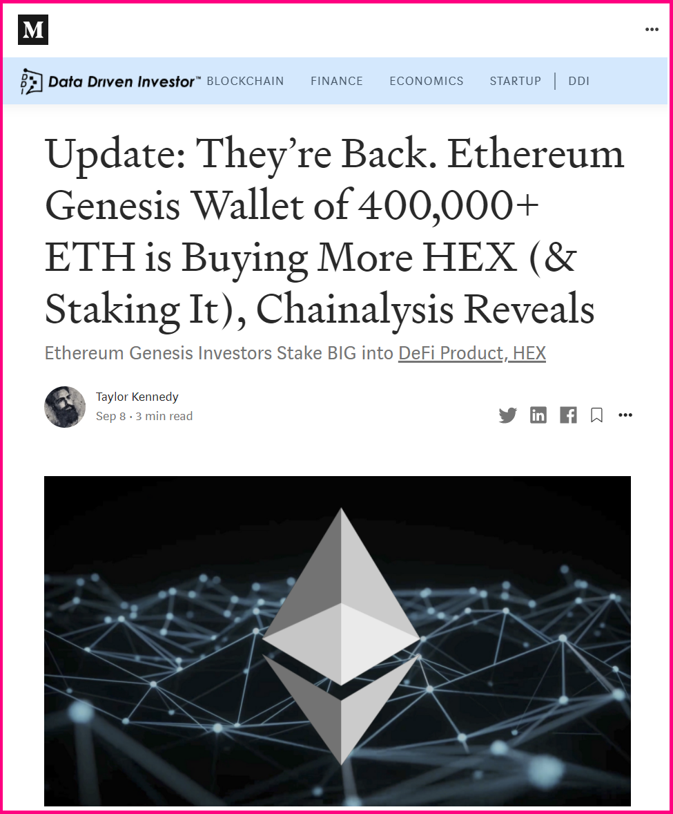 Ethereum Genesis Wallets of 700,000+ ETH Move Big Blocks Into DeFi Staking  Product HEX, Chainalysis Reveals | by Taylor Kennedy | DataDrivenInvestor