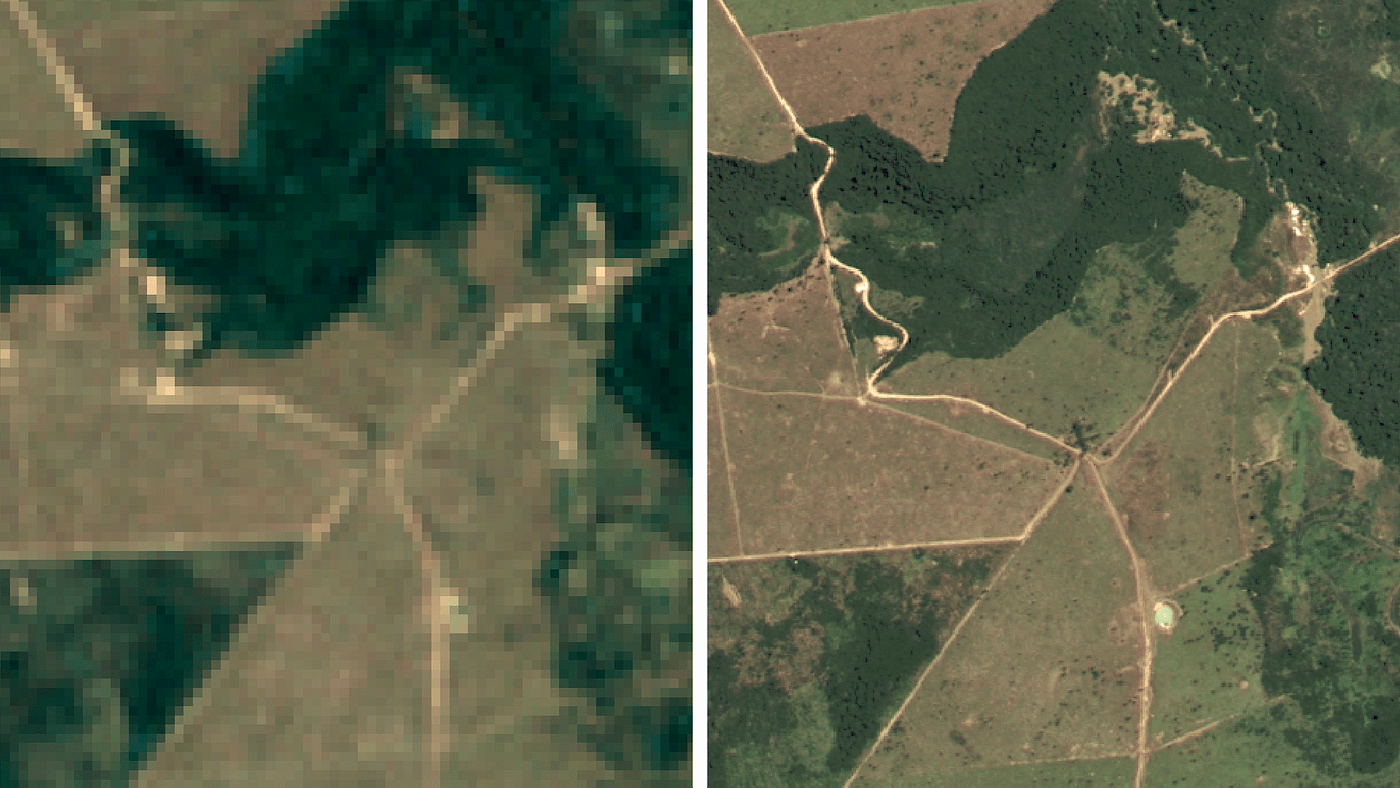 Image depicting previously available historical imagery for the 2008 baseline year (left) and showing the new, detailed imagery dataset created by Google (right).