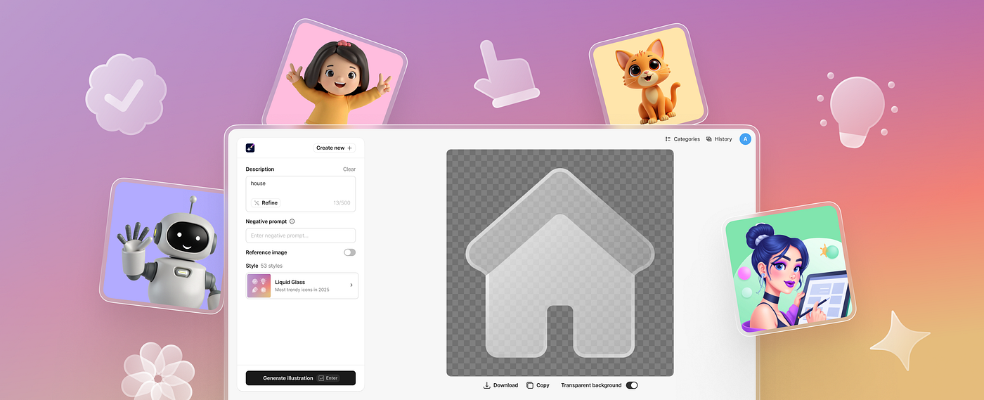 Liquid Glass icon generator, 53 curated styles, and more: Illustration Generator vol. 2