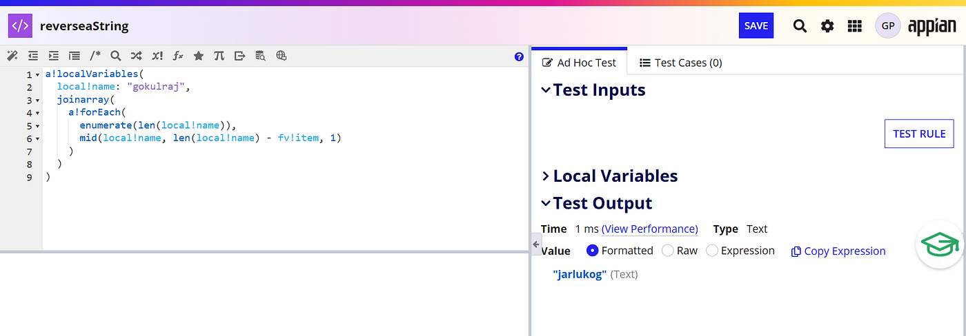 Appian Lab -How to reverse the given string or Name.
