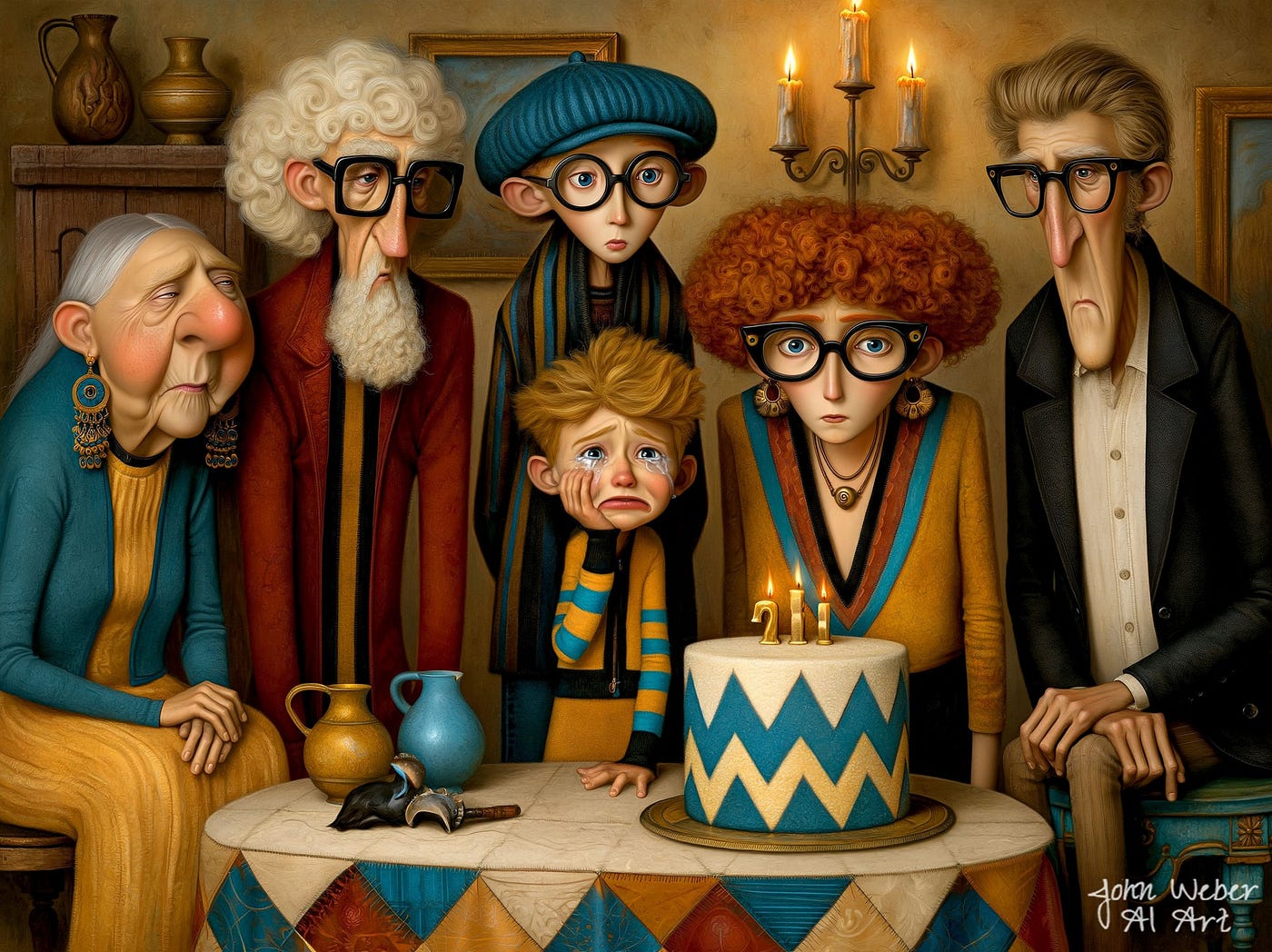 an image of a young persson crying at their party — created and owned by John Weber AI Art