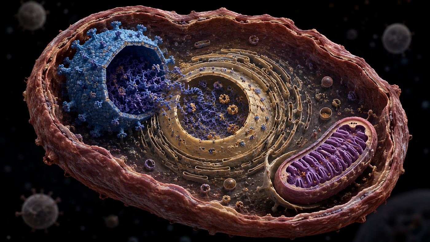 Conceptual illustration of the viral eukaryogenesis hypothesis, depicting a proposed evolutionary interaction among an archaeal host, a giant DNA virus, and an alphaproteobacterial endosymbiont leading to the emergence of the eukaryotic cell.