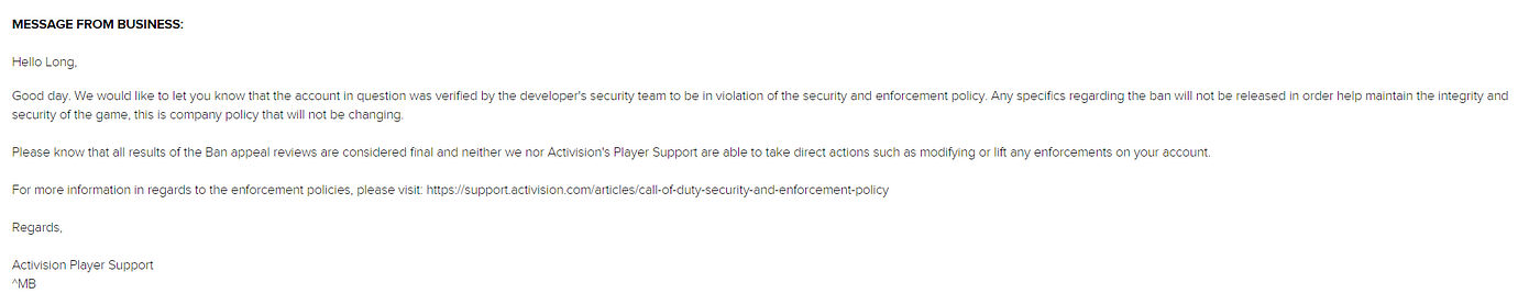 No Reply - Activision AM to me v ACTIVISION SUPPORT, Hello Your appeal  has been reviewed and