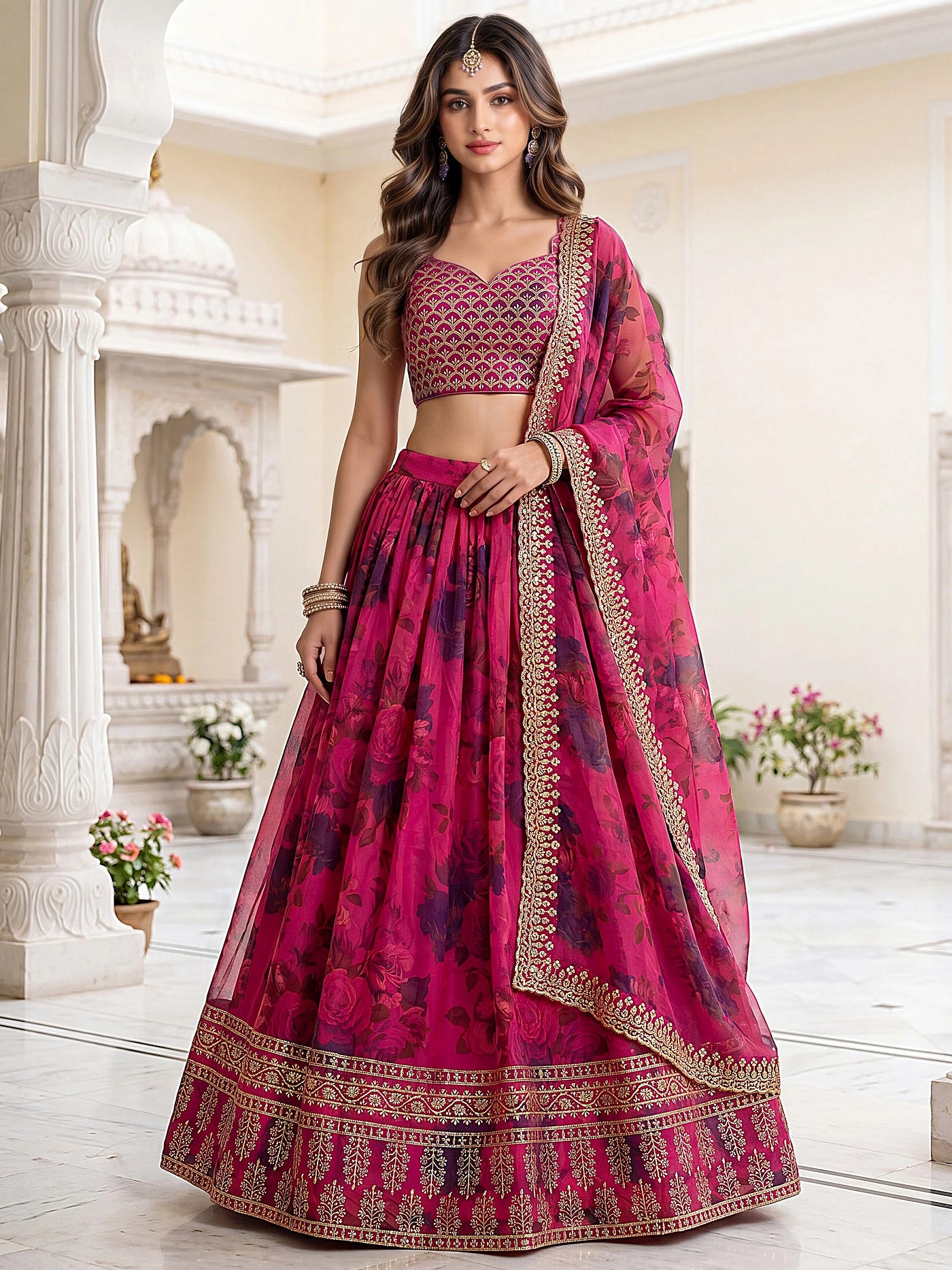 Pink Floral Printed Organza Bridesmaid Lehenga Choli With Dupatta