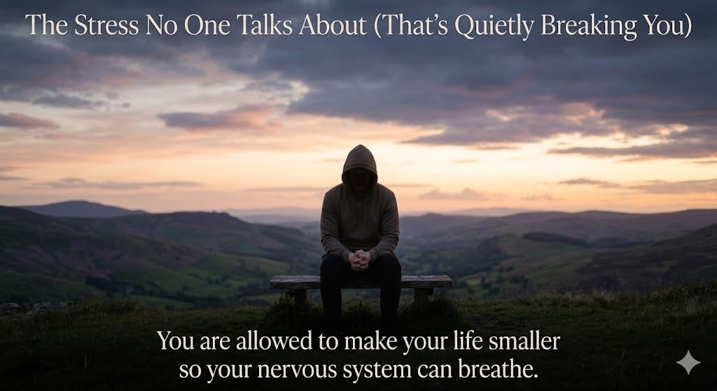 해질녘, 높은 산등성이의 나무 벤치에 홀로 앉아 있는 사람의 실루엣. 후드티를 입은 그는 보라색과 주황색으로 물든 석양 아래 광활하고 겹겹이 쌓인 산악
풍경을 바라보고 있다.<BR> 위쪽에는 아무도 이야기하지 않는 스트레스(조용히 당신을 무너뜨리는 것)라는 글귀가,
아래쪽에는
신경계가 숨 쉴 수 있도록 삶을 좀 더 작게 만들어도 괜찮습니다.<BR>라는 글귀가 겹쳐져 있다.<BR>