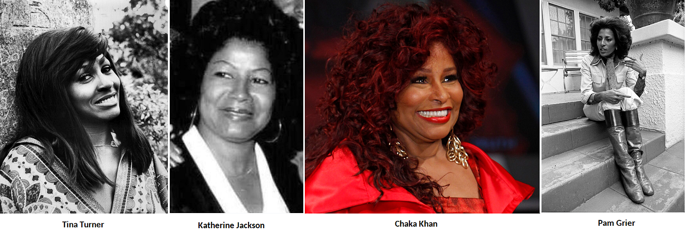 Examples of Black American indigeneity: FAR LEFT: Tina Turner of Tennessee, 1970. Photo taken by Al Kaplan in Miami-Dade County, March 1970. Jay Bernstein Public Relations. Wikimedia Commons. Public domain. CENTER LEFT: Katherine Jackson of Alabama, 1977. The Amsterdam News. Wikimedia Commons. Public Domain. CENTER RIGHT: Chaka Khan of Chicago (IL), 2012. United States Department of Health. Wikimedia Commons. Public Domain. FAR RIGHT: Pam Grier of North Carolina, 1978. “Actress Pam Grier during an interview in Los Angeles.” Wikimedia Commons and https://digital.library.ucla.edu/catalog/ark:/21198/zz0002qf0v
