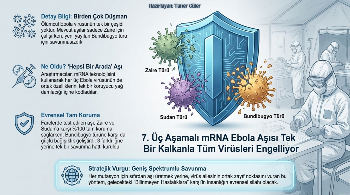 Deneysel bir mRNA aşısı, farelerde Ebola virüsünün üç türüne karşı koruma sağlamaktadır. Bu türler arasında, şu anda Demokratik Kongo Cumhuriyeti ve Uganda’da yayılmakta olan Bundibugyo türü de bulunmaktadır. Aşı, fareleri virüsün Zaire ve Sudan türlerine karşı tamamen korurken, Bundibugyo türüne karşı da “güçlü” bir koruma sağlamıştır. Uzmanlar, elde edilen sonuçların umut verici olduğunu belirtmekle birlikte, aşının insanlarda da etkinliğinin kanıtlanmasının gerekli olduğunu vurgulamaktadır. İmmünolog Robert Cross, birden fazla patojene karşı koruma sağlayan bir aşının onay sürecinin karmaşık ve titiz bir değerlendirme gerektirdiğini ifade etmektedir. KAYNAK