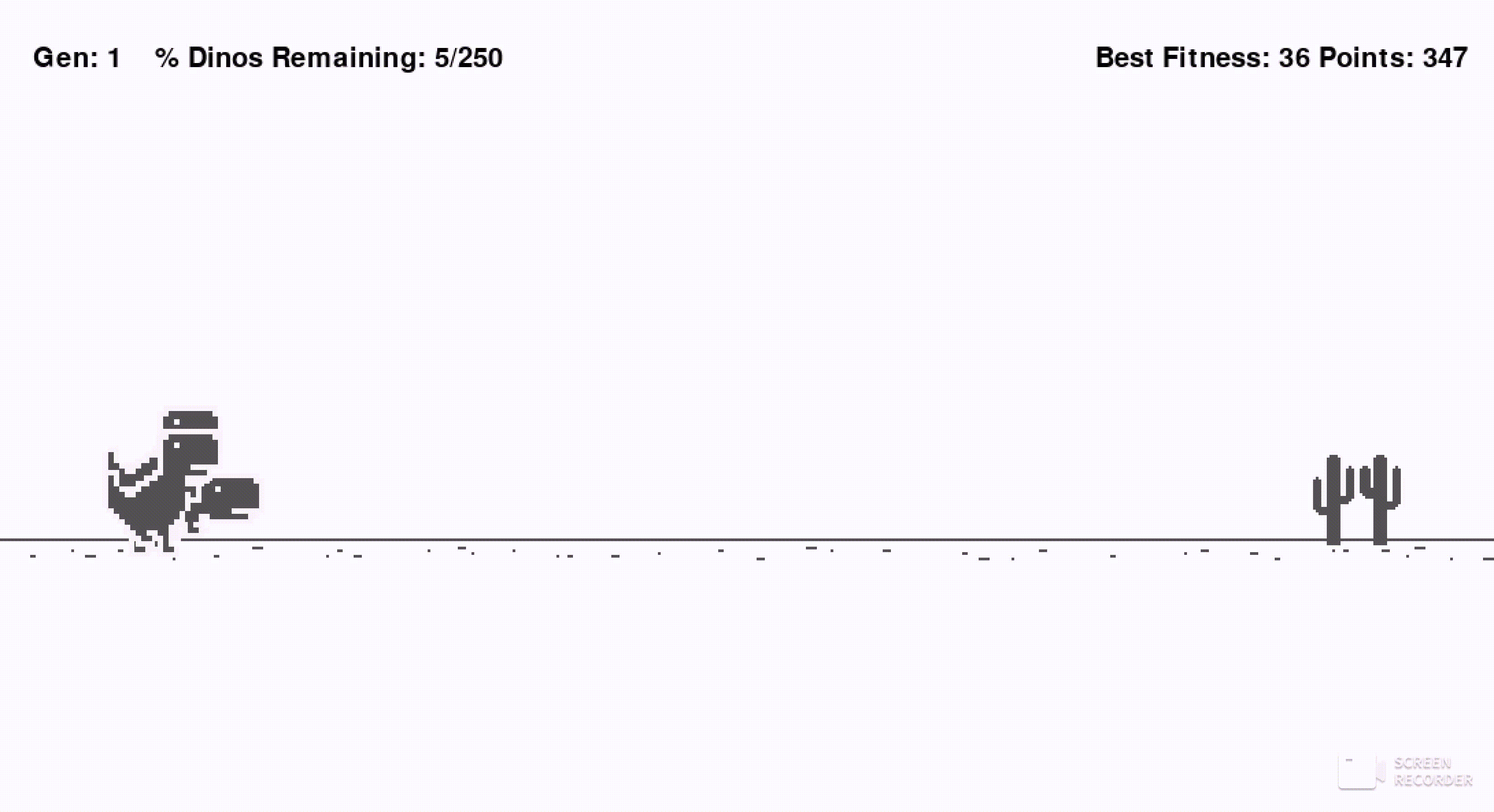 Programmatically generated dinos inspired by the dino runner from