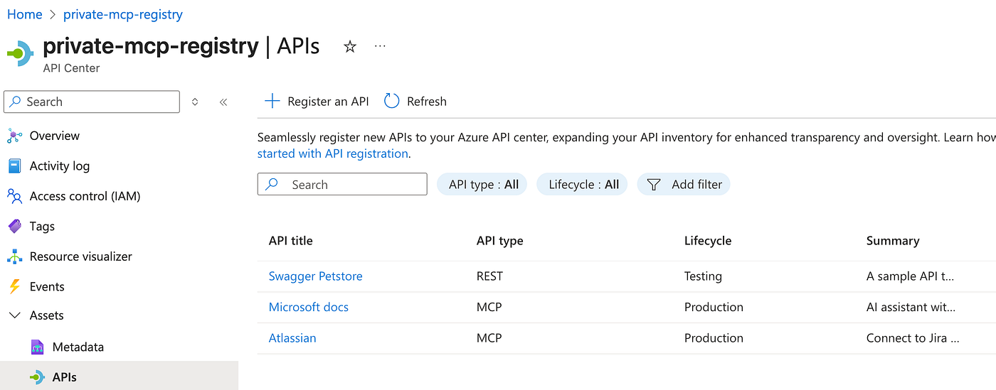 API List on Azure API Center