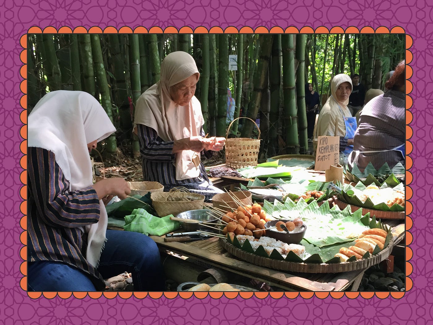 Sellers in Papringan Market, Central Java, Indonesia — a traditional Central Javanese bazaar held once every 35 days following a specific Javanese calendar, under a bamboo grove where visitors exchange rupiah for bamboo ‘pring’ currency to buy local produce, snacks, crafts.