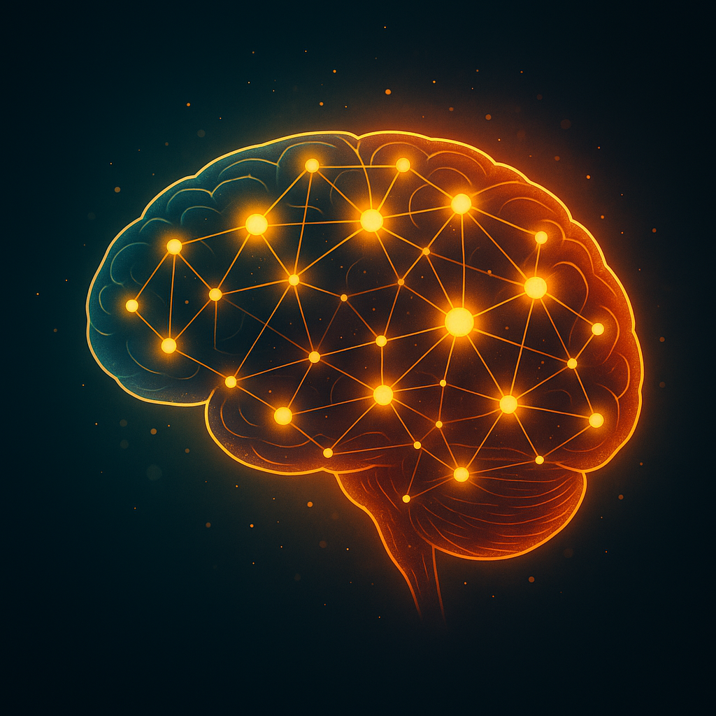 밝은 신경 연결을 갖춘 빛나는 인간의 뇌를 디지털 일러스트레이션으로 표현한 것으로, 기억, 인지, 노화의 신경 과학을 상징합니다.<BR>