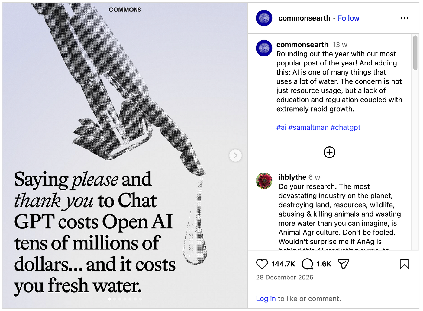 Instagram post highlighting AI’s environmental impact, stating that ChatGPT usage consumes water and significant resources due to data center operations.