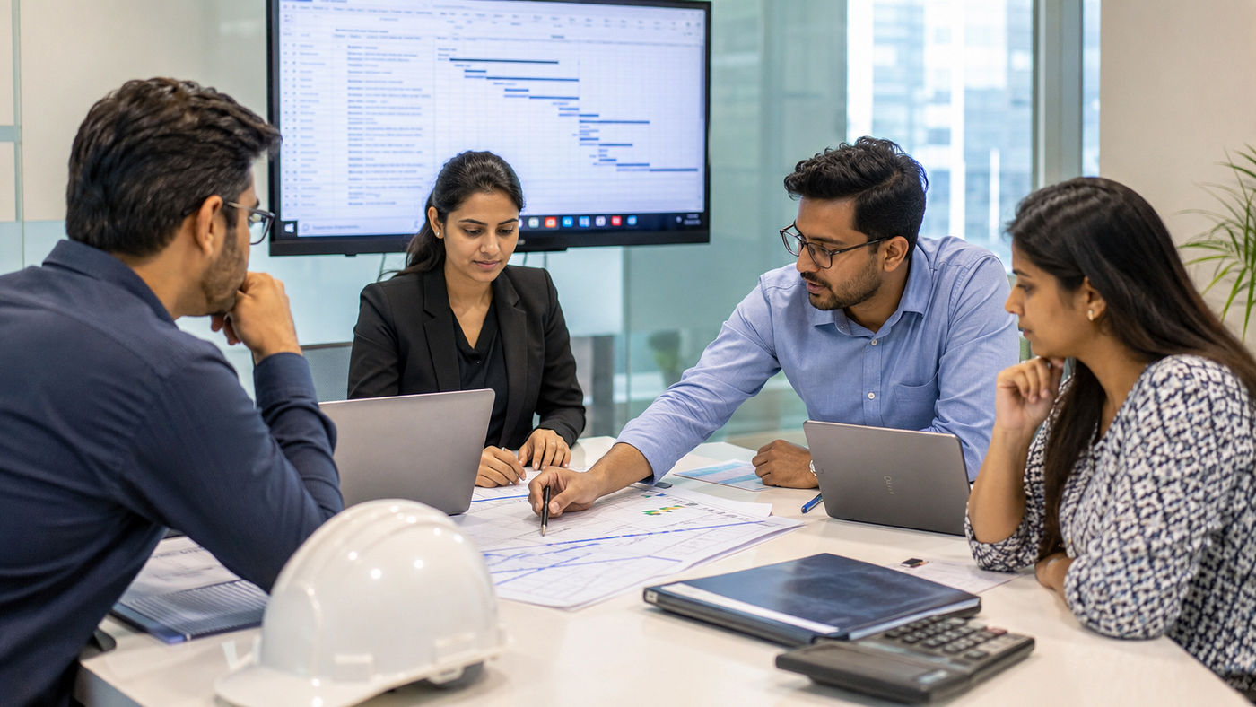 Recruitment specialists reviewing infrastructure project staffing requirements, engineering profiles, construction workforce planning, and project execution talent strategies in a modern corporate environment.