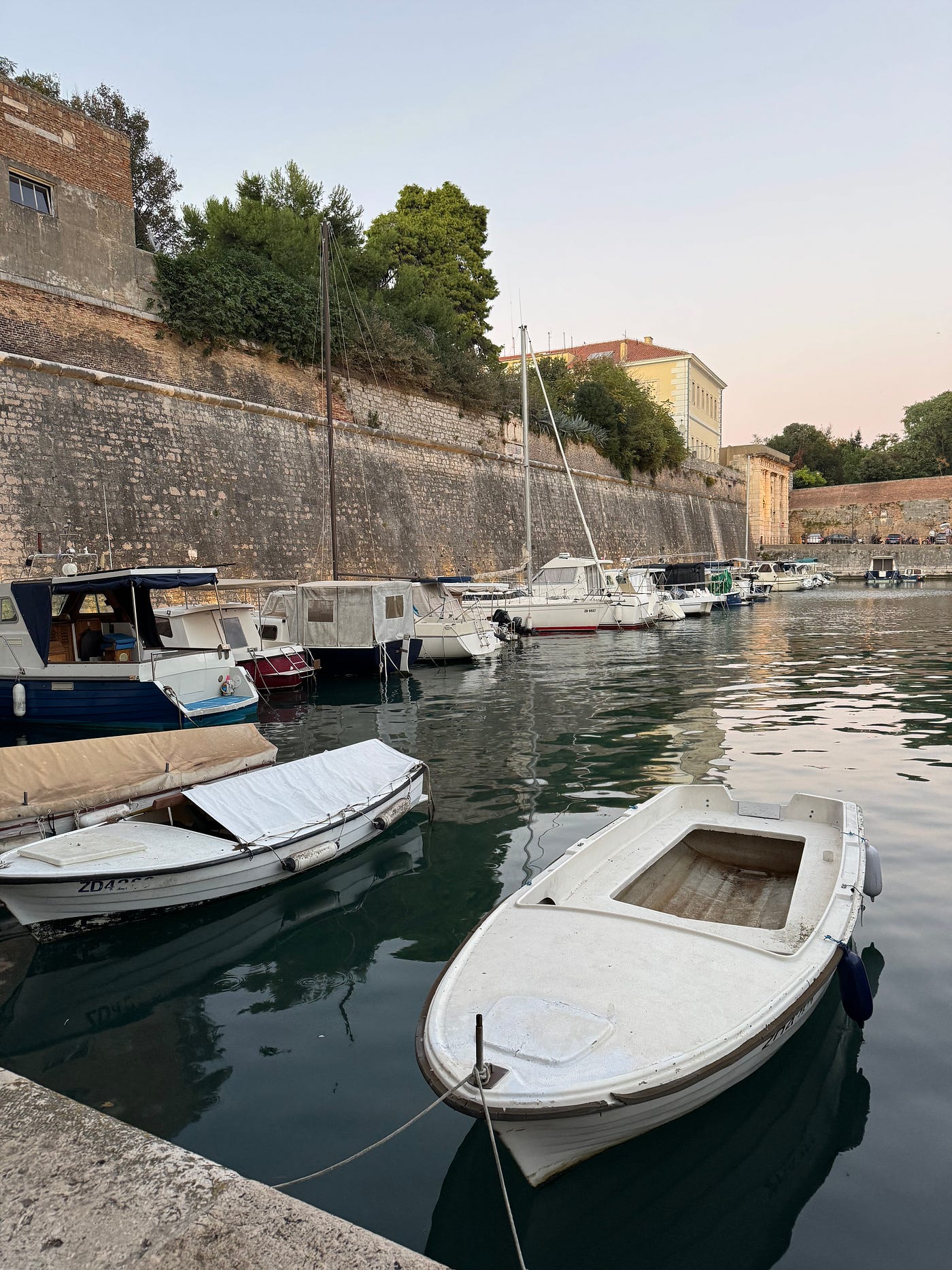 L: Church of St Donatus with Roman Ruins in Foreground; C: Artifact from Museum of Ancient Glass in Zadar; R: Ancient Marina in Zadar — Karon M. G. Murray