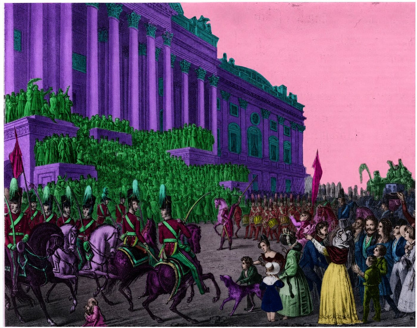 Lithograph of the Presidential inauguration of Wm. H. Harrison in Washington City, D.C., on the 4th of March 1841, by Charles Fenderich, colorized by ChatGPT Images 2.0.