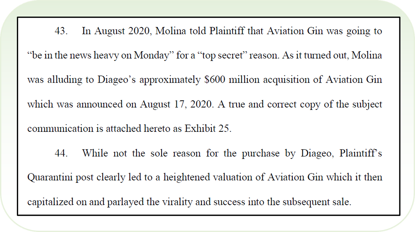 Starkloff’s lawsuit connects her quarantini posts to Diageo’s valuation of Aviation Gin