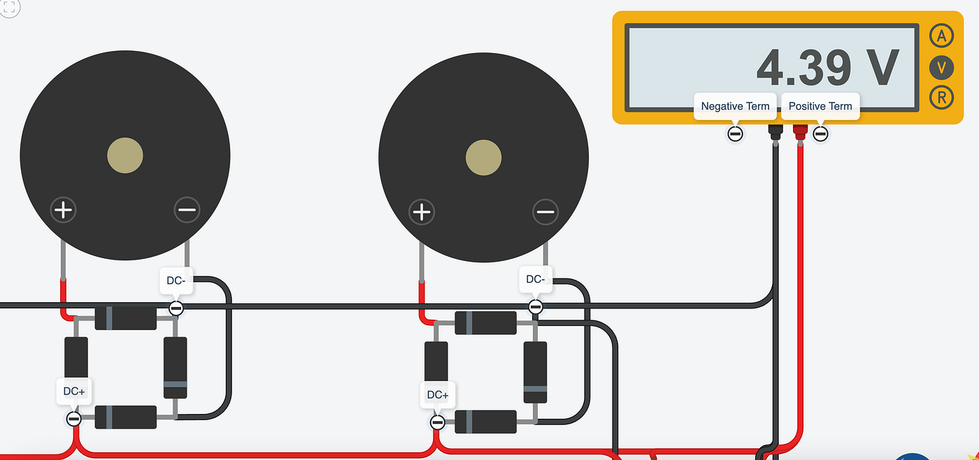 Figure 3.10 // Image by Daniel Fung on Tinkercad // Parallel DC- goes into voltmeter’s negative terminal; Parallel DC+ goes into voltmeter’s positive terminal