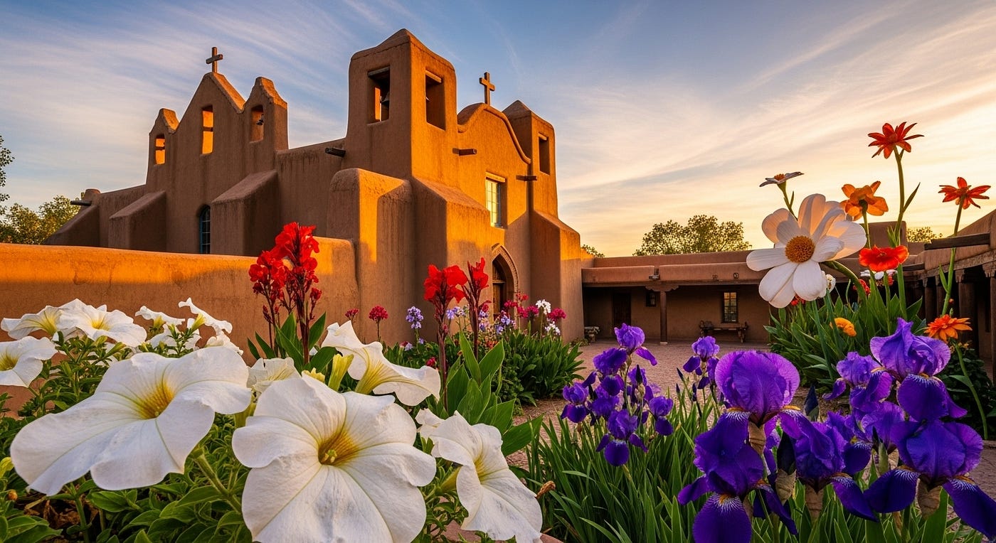 A somewhat fictional version of the old Spanish church at Ranchos de Taos in New Mexico. Artwork by the Author using ImageFX.