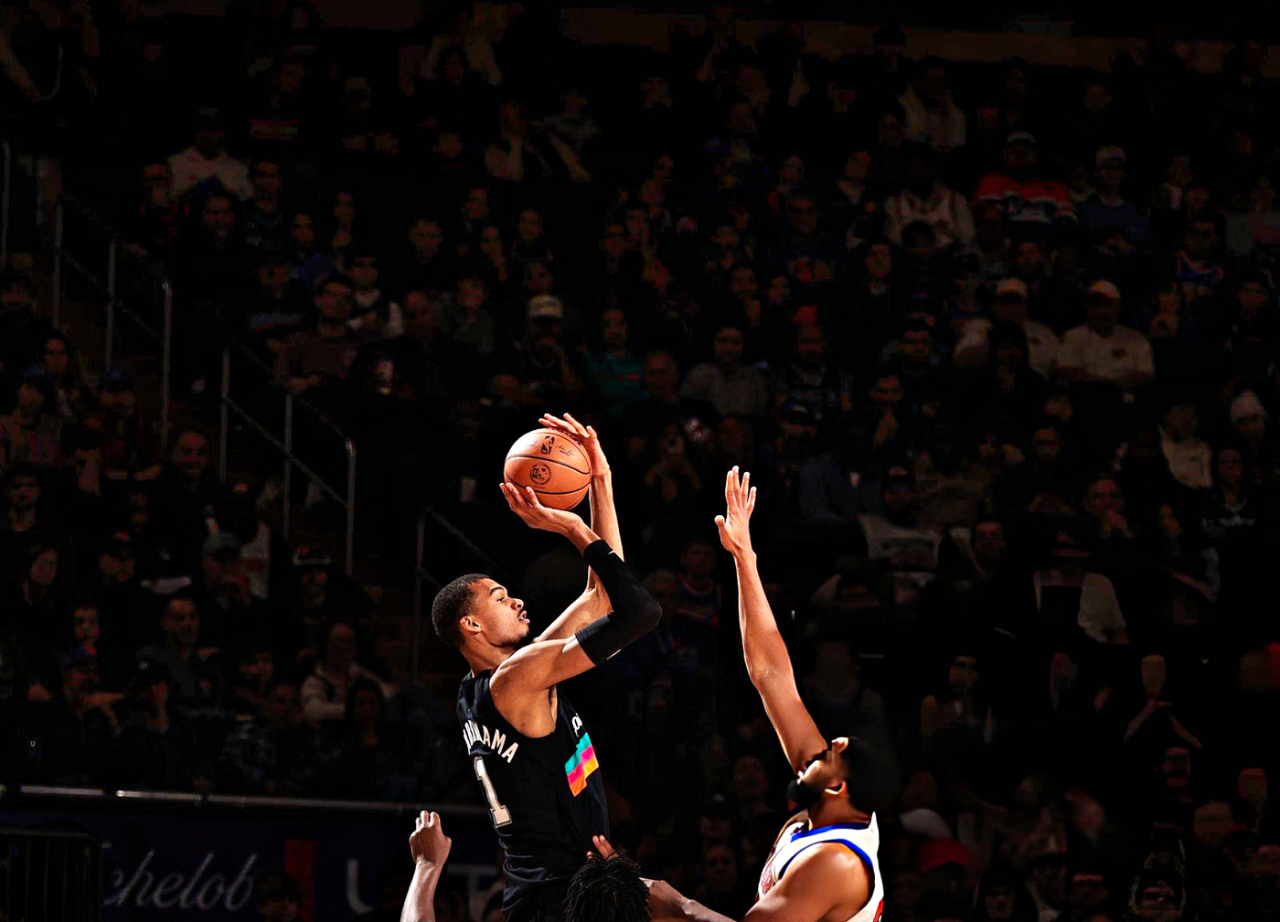 Victor Wembanyama of the San Antonio Spurs during the game against the New York Knicks held on March 1, 2026 at Madison Square Garden in New York City, New York (Photo by Nathaniel S. Butler/NBAE).