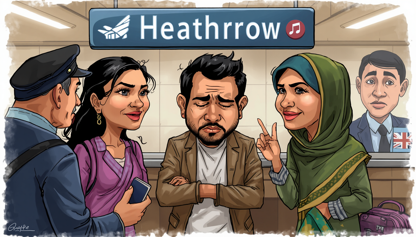 A husband and his two wives talk to an immigration officer at the airport : images generated by Canva