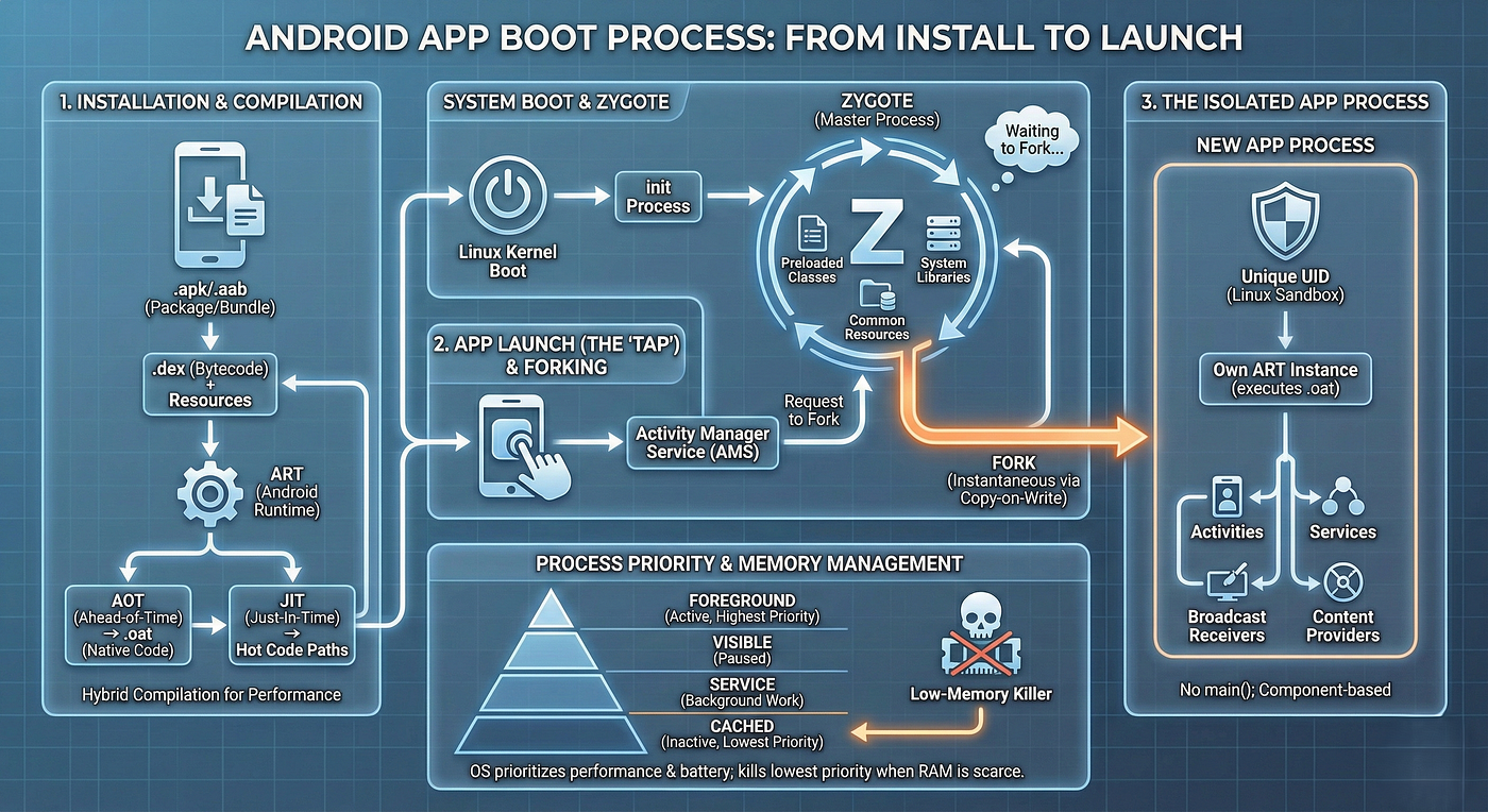 BOOTING OF THE ANDROID PROCESS. When you tap an Android app icon