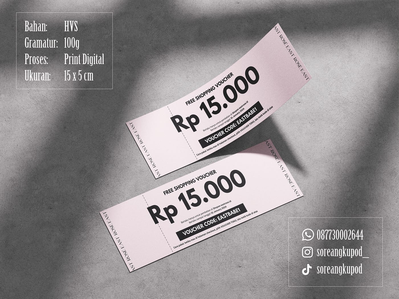 WA: 087730002644 || Contoh Hasil Cetak Free Shopping Voucher Berbahan HVS Ukuran 15 x 5 Centimeter