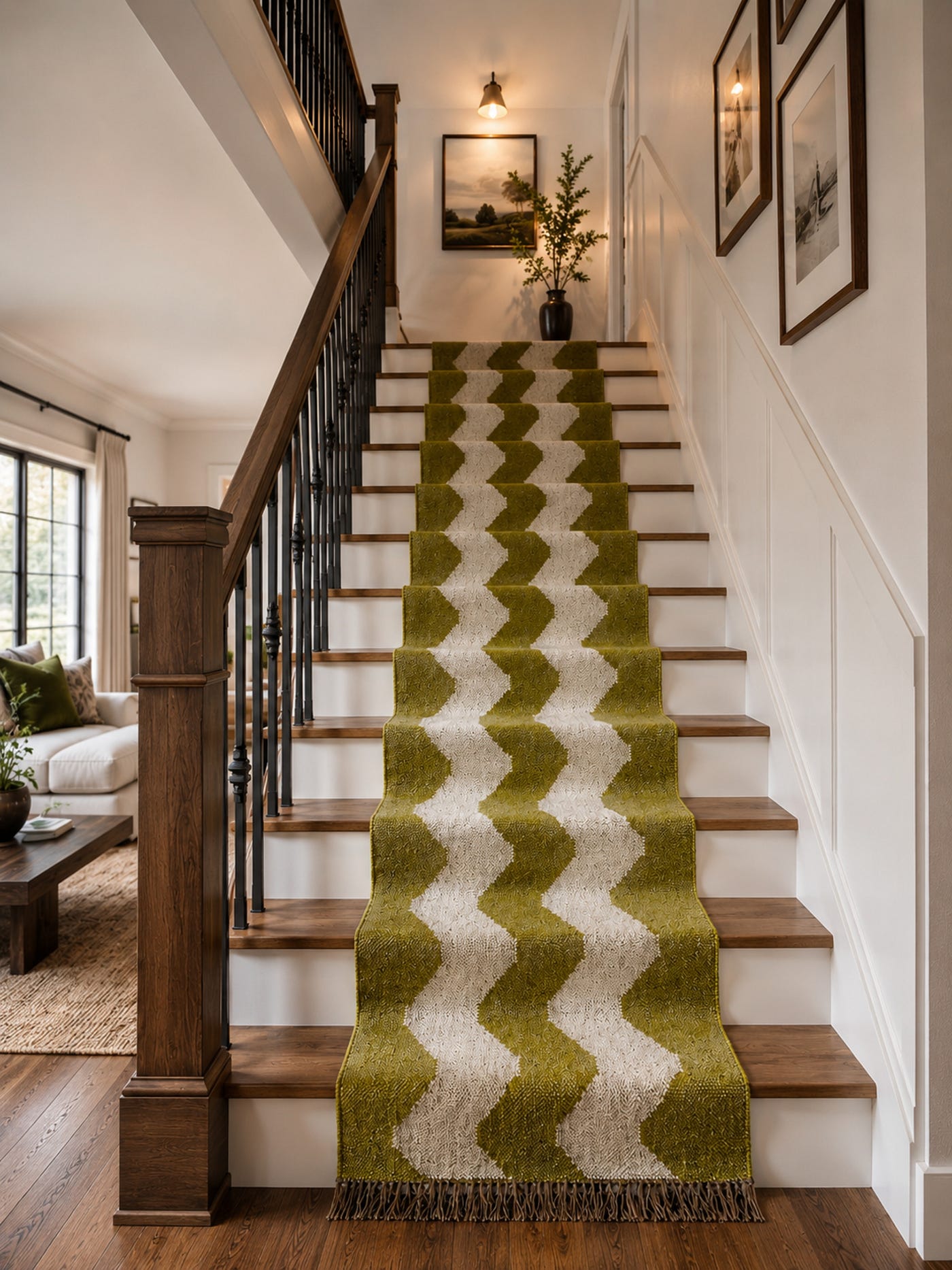 How to Style an Olive Green Stair Runner in a Modern Farmhouse Home