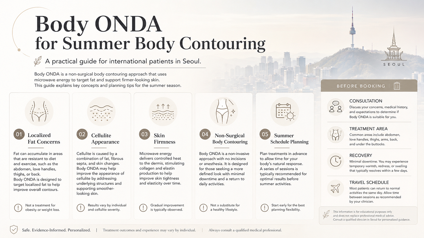 Body ONDA may be discussed for localized fat concerns, cellulite appearance, and skin firmness.