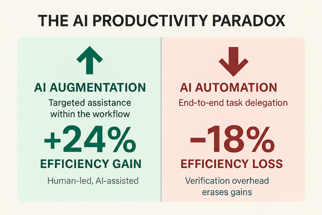 The AI Productivity Paradox — Augmentation yields ~+24% efficiency; end-to-end automation yields ~−18% due to verification overhead (Wang et al., 2025)