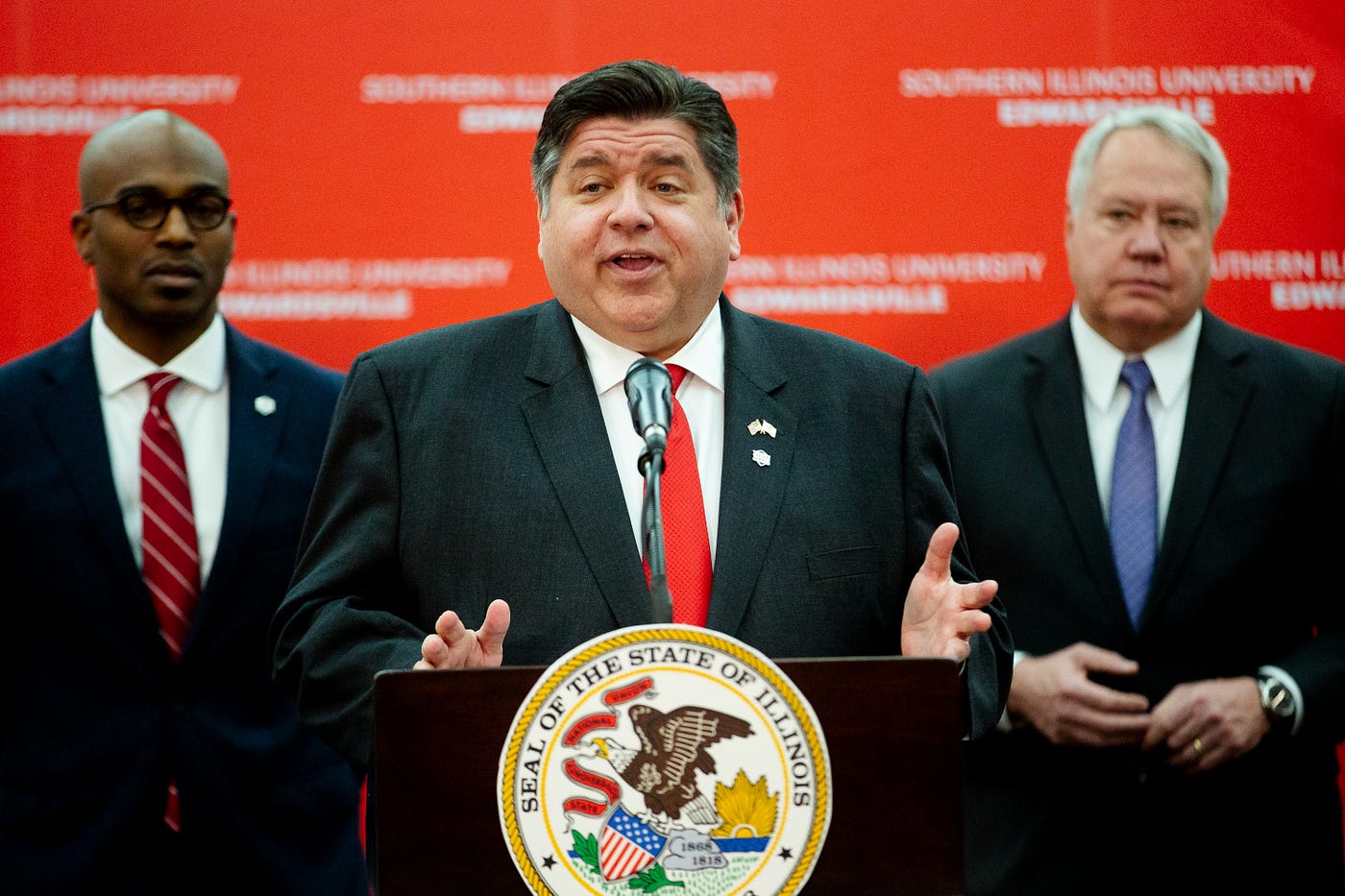 Gov. JB Pritzker speaks at Southern Illinois University Edwardsville in April 2023. (Chicago Tribune photo)