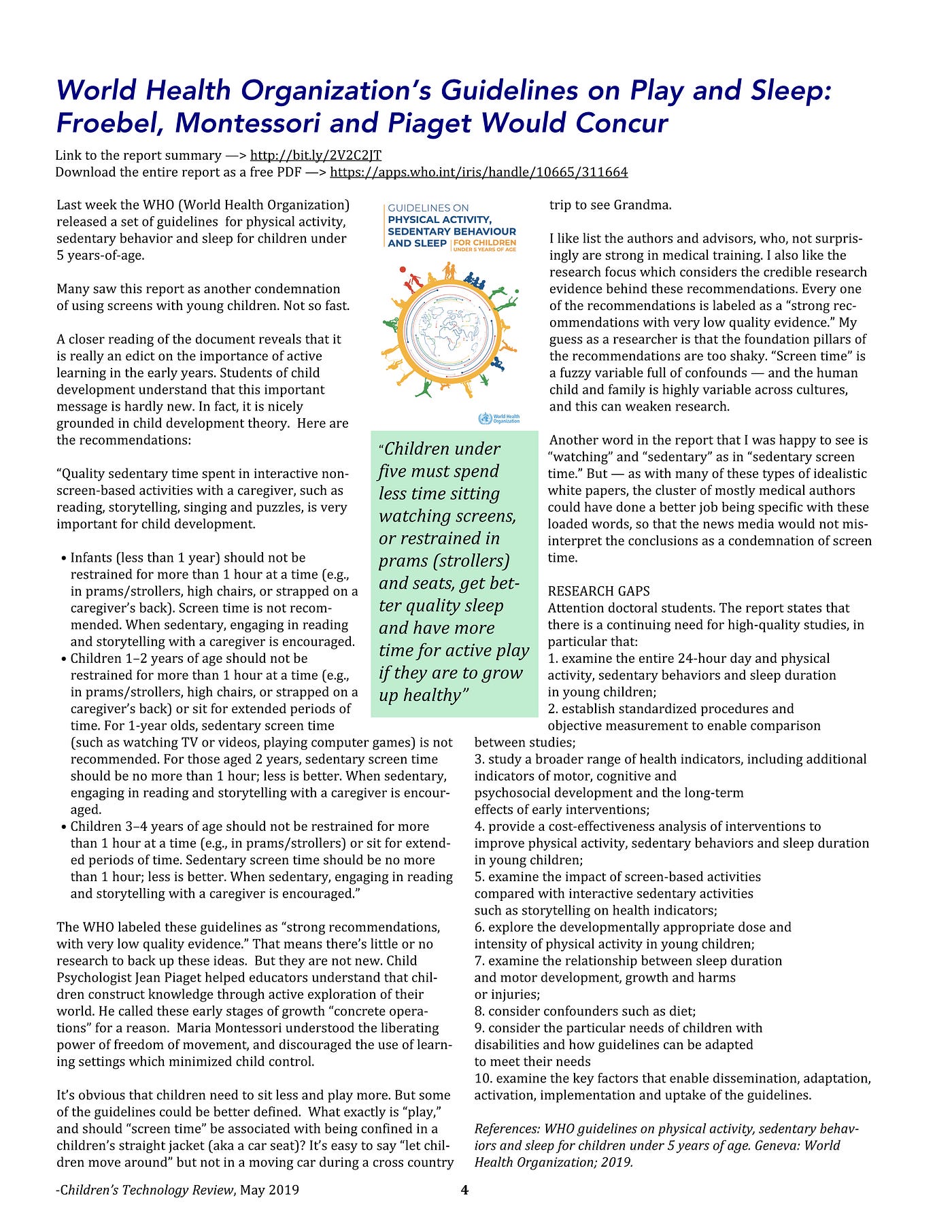 World Health Organization's Guidelines on Play and Sleep: Froebel,  Montessori and Piaget Would Concur | by Warren Buckleitner | Medium