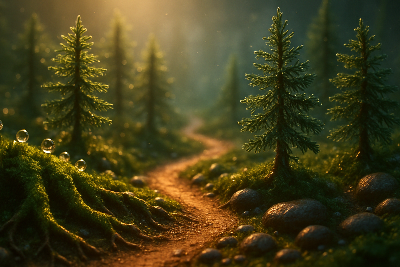 A small handcrafted diorama: tiny trees, soft golden light, layered depth. By TandA