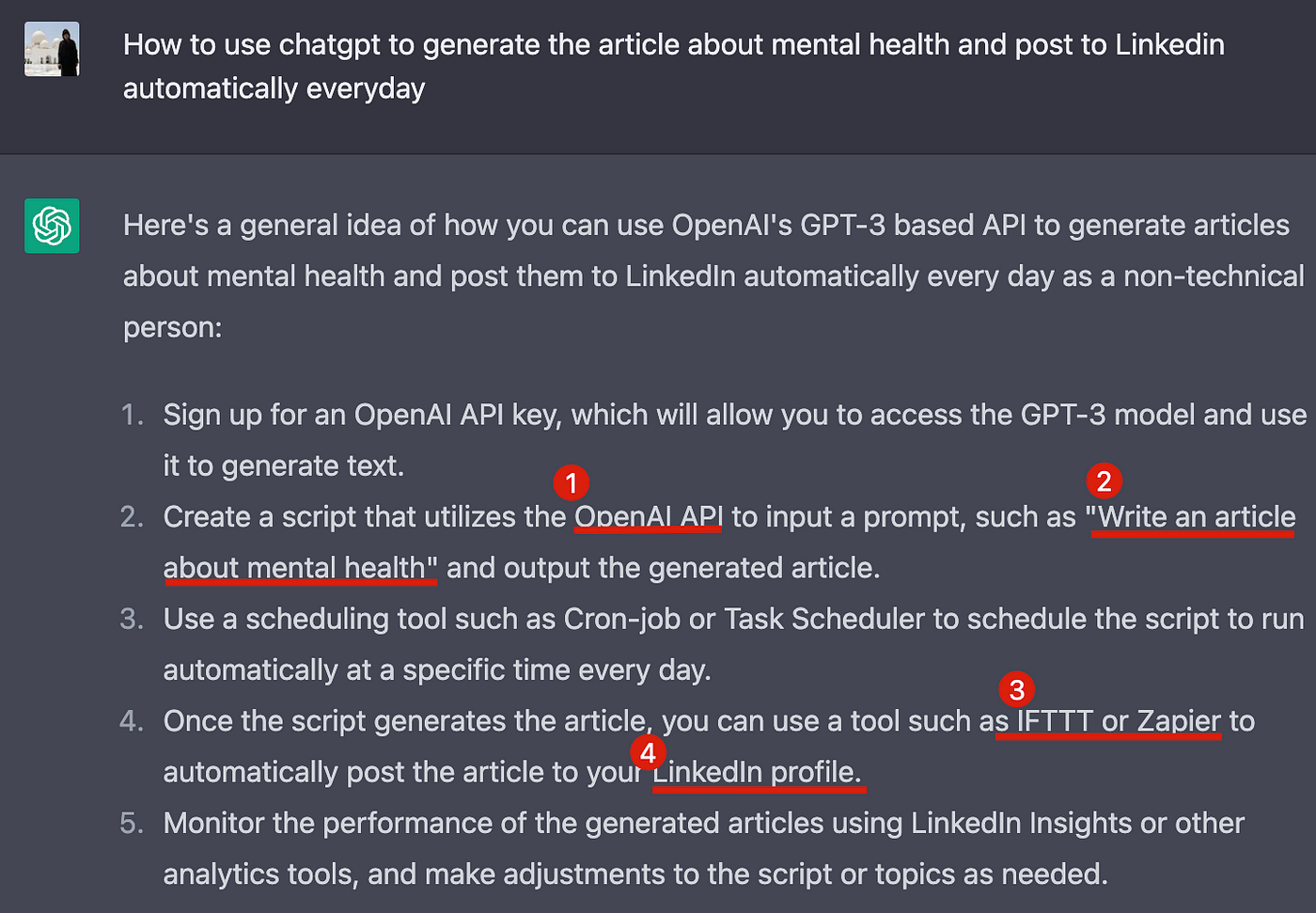 How can I use ChatGPT to automatically post different articles on LinkedIn  every day with no-coding, by Jessie Chang